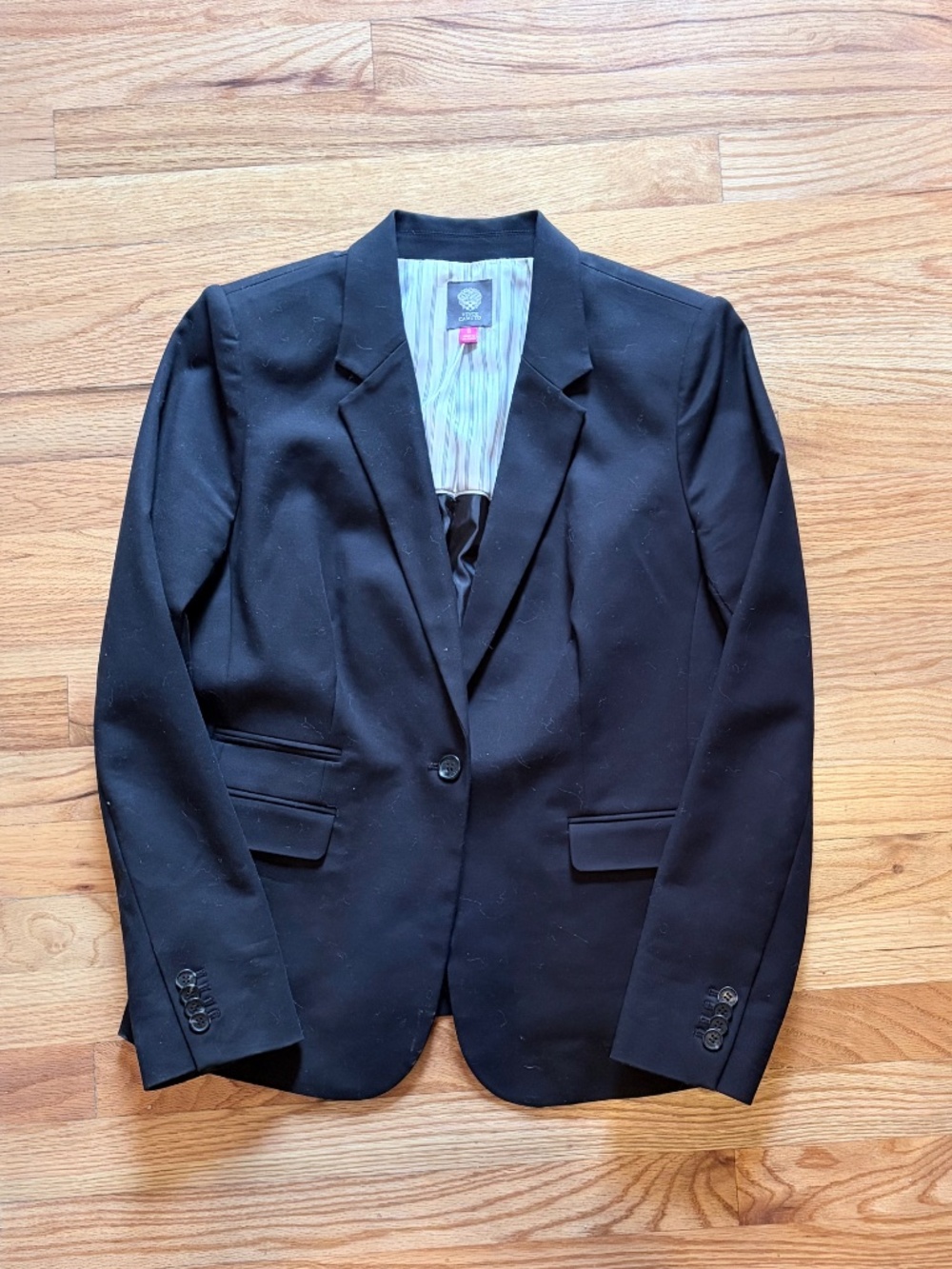 Vince Camuto Black Jacket with Charcoal and Ivory Striped inside fabric